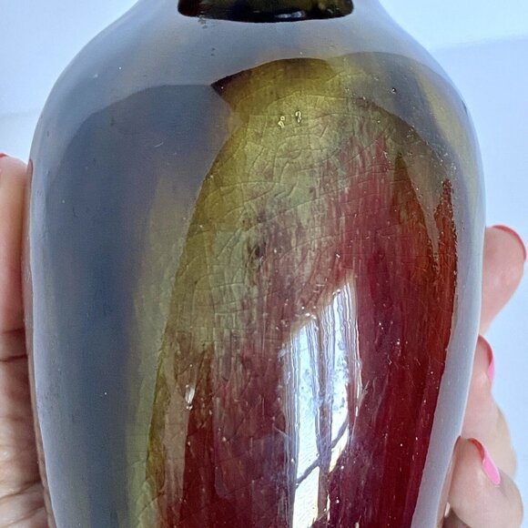 Studio Art Pottery Flower Vase Moss Green Wine Red Brown Crackle Glaze 5.75” - Picture 3 of 8